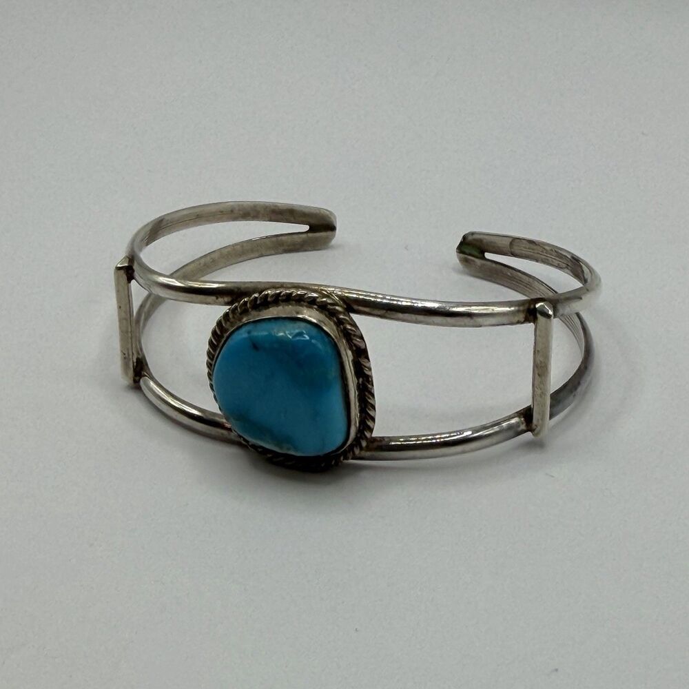 925 Sterling Silver Turquoise Cuff Bracelet 6.5" 11g Southwestern Double Band